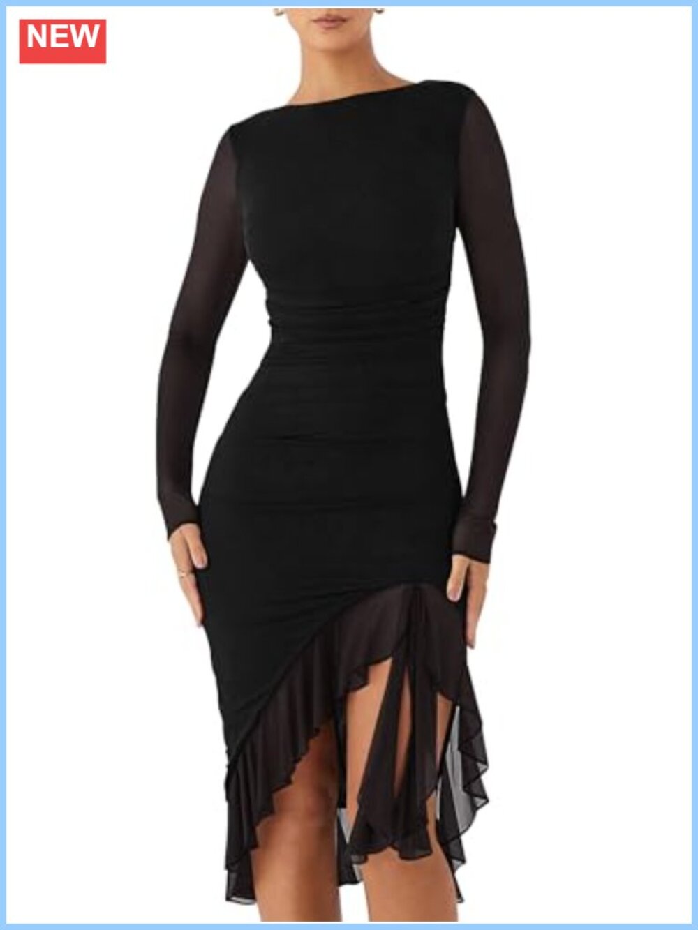Ruched Bodycon Midi Dress Mesh Long Sleeve Ruffle Hem Club Party